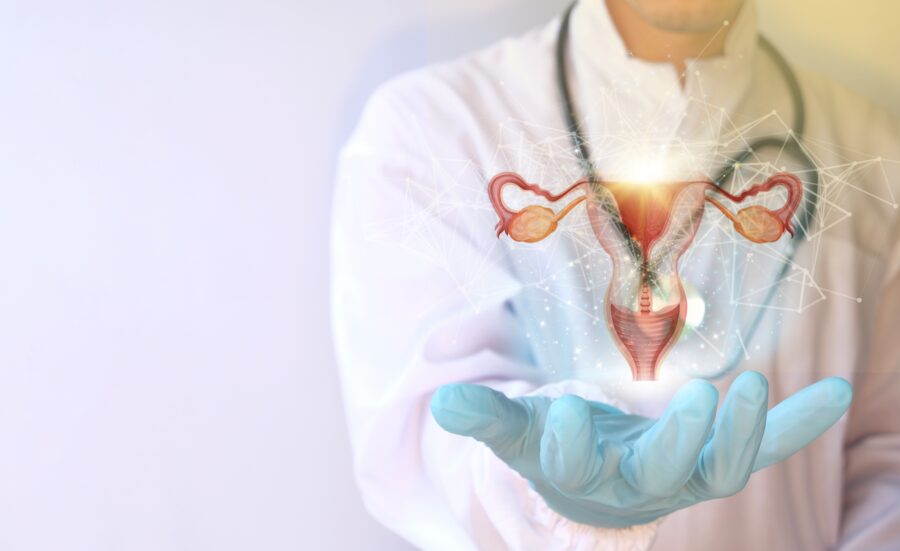 Doctor holding a glowing digital illustration of the female reproductive system, representing Evvy's AI-powered precision diagnostics for women's health