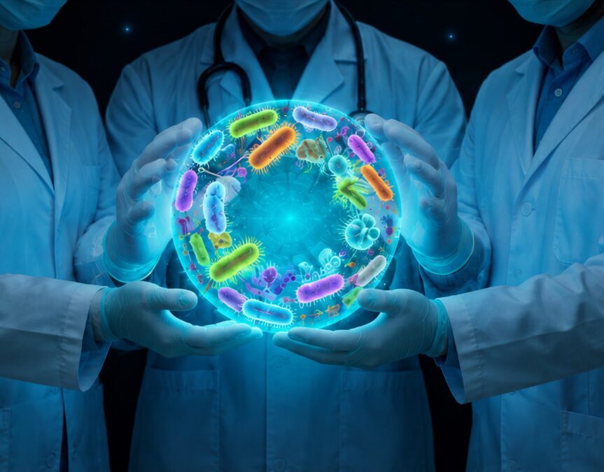 Three scientists in lab coats and gloves holding a glowing sphere filled with colorful bacteria