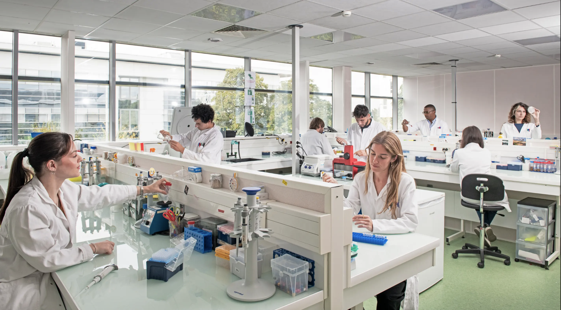 Researchers working at laboratory benches in Abolis' labs